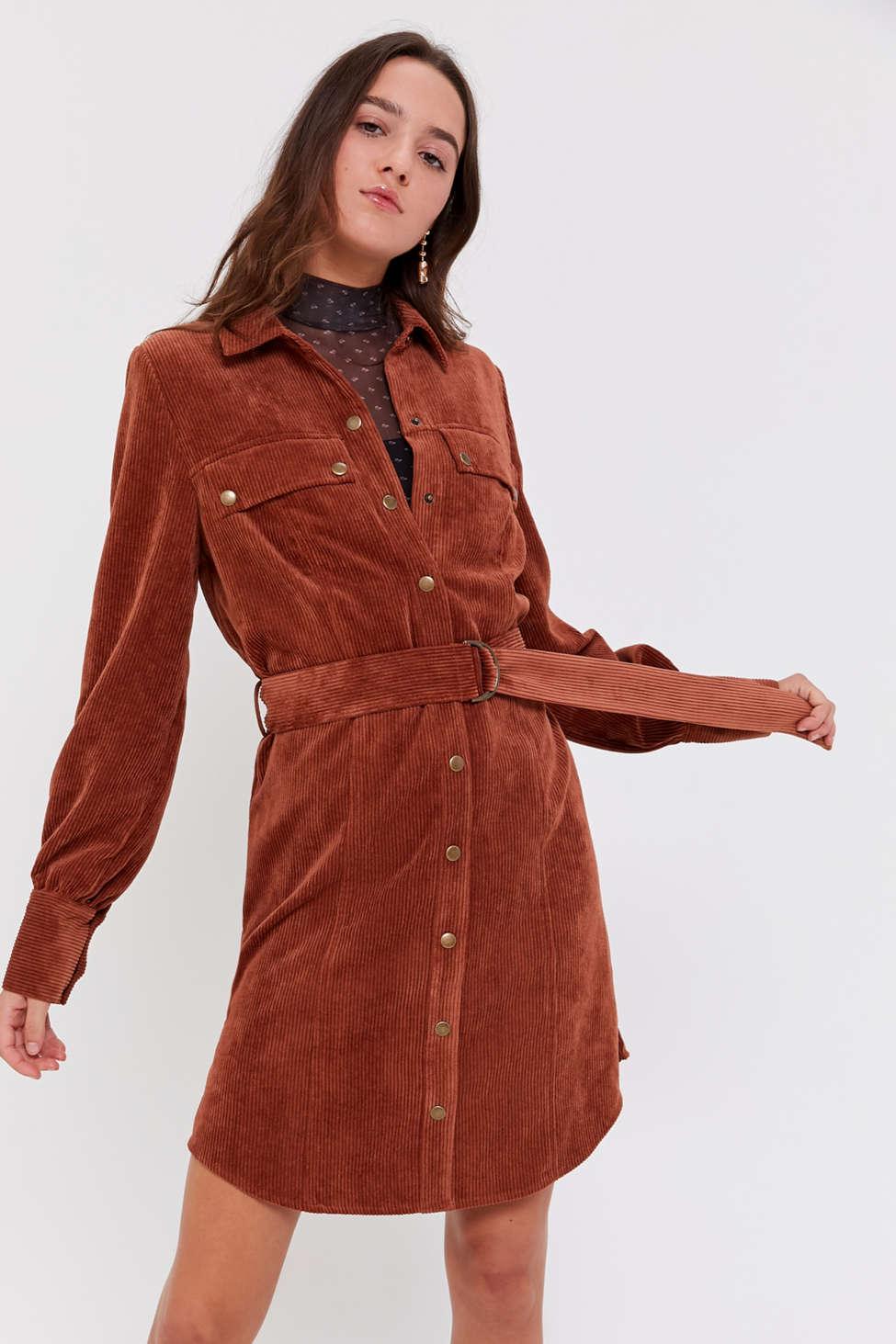 Urban Outfitters Uo Averie Corduroy Belted Shirt Dress in Red | Lyst
