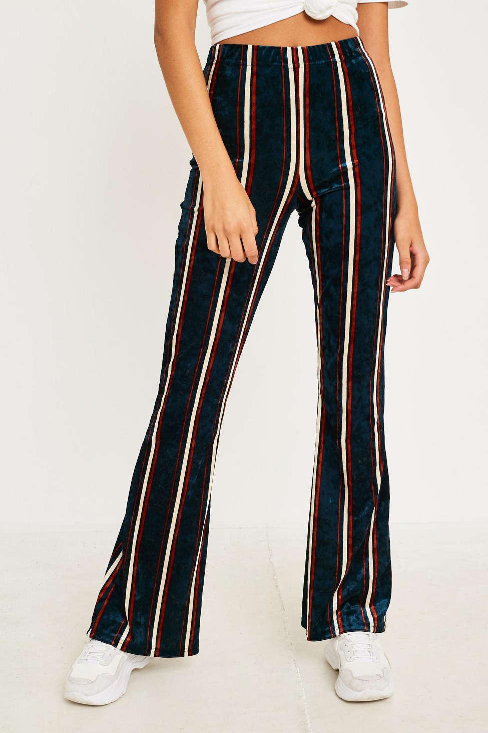 Urban Outfitters Uo Velvet Vertical Stripe Flare Trousers in Blue - Lyst