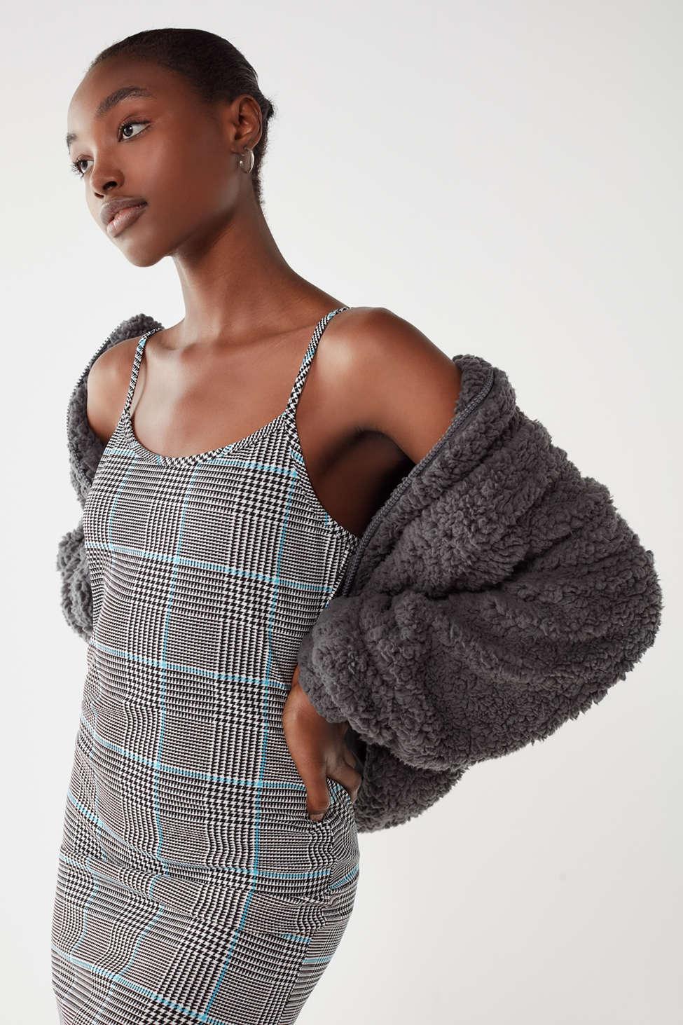 uo willow fuzzy drawstring teddy jacket blue