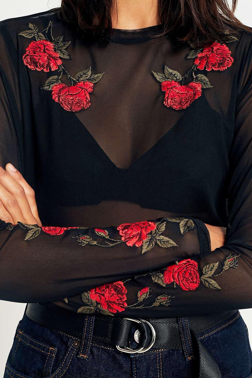 black sheer top with roses