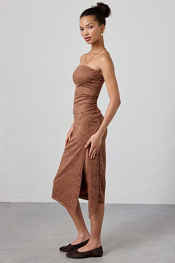Urban Outfitters Uo Samara Stretch Lace Strapless Midi Dress in Brown | Lyst