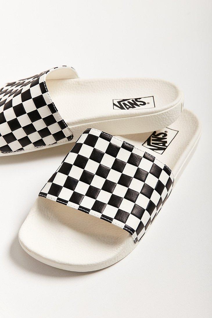 vans black checkerboard slides