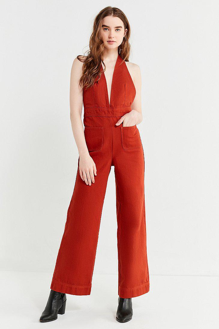 Urban Outfitters Uo Eleanor Plunging Denim Jumpsuit in Red | Lyst