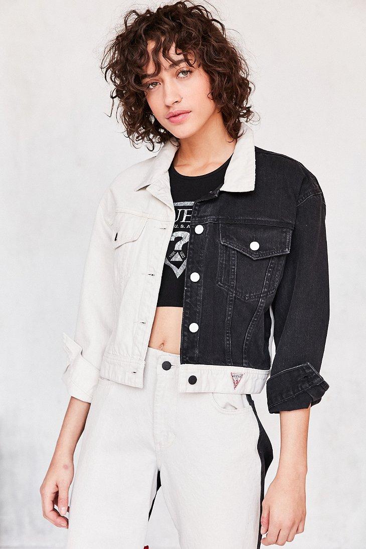 Guess 1981 Colorblock Cropped Denim Jacket in Black & White (Black) | Lyst