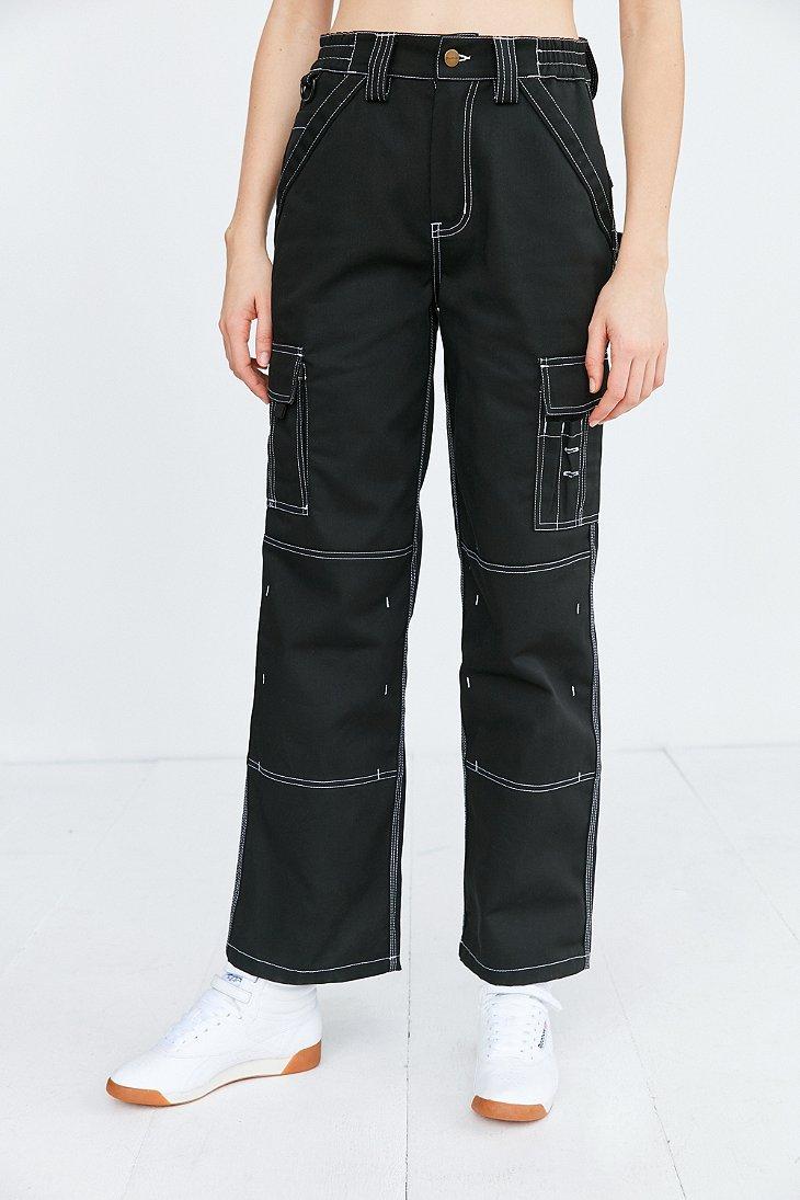 black utility trousers with white stitching