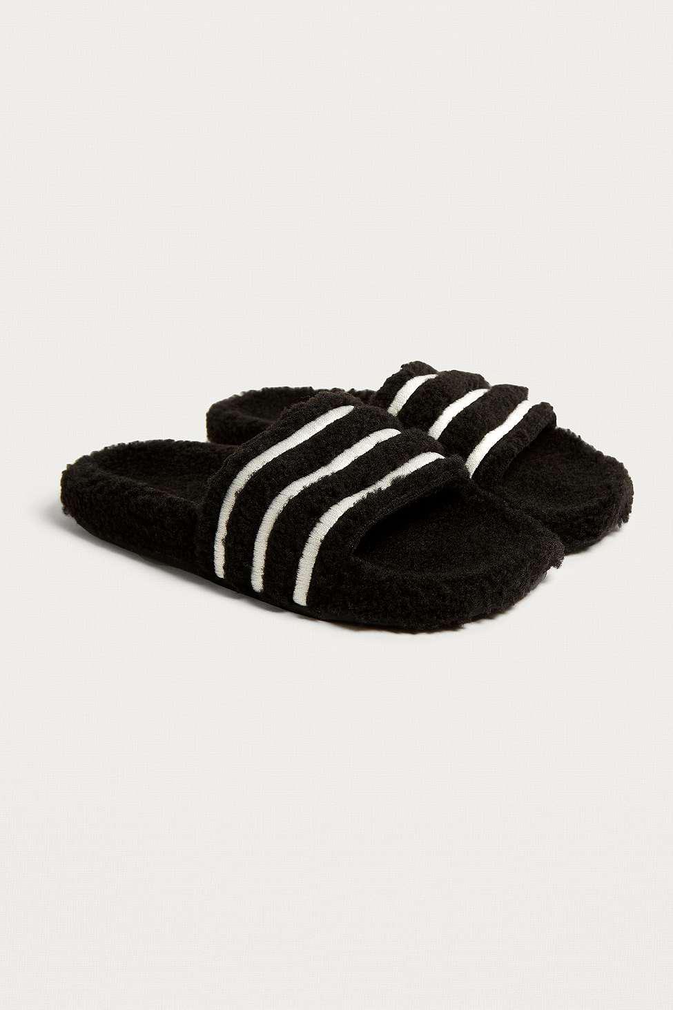 adidas Originals Fleece Adilette Black Striped Teddy Slides - Lyst