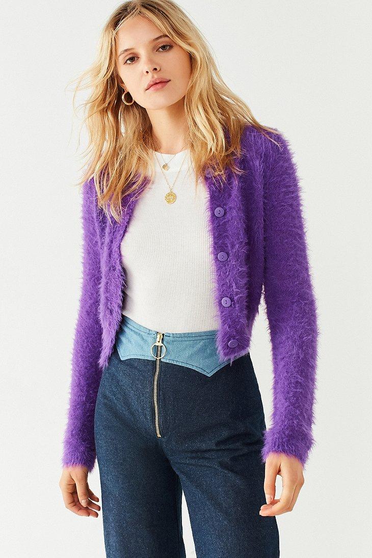 fuzzy purple cardigan