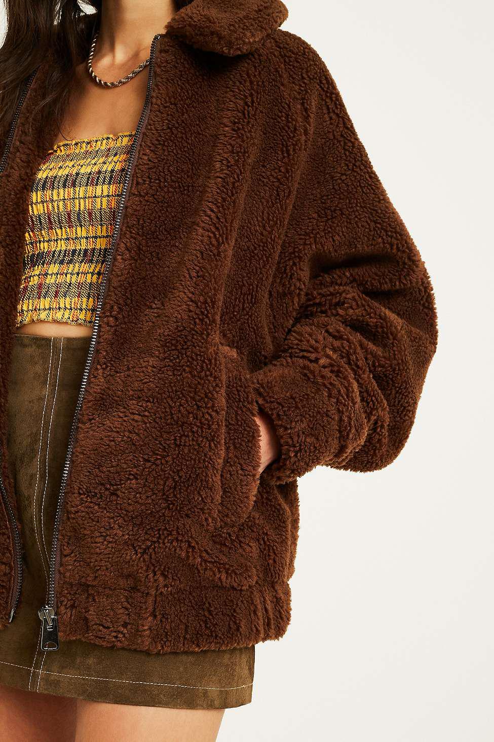 Urban Outfitters Synthetic Uo Brown Teddy Zip-through Coat ...
