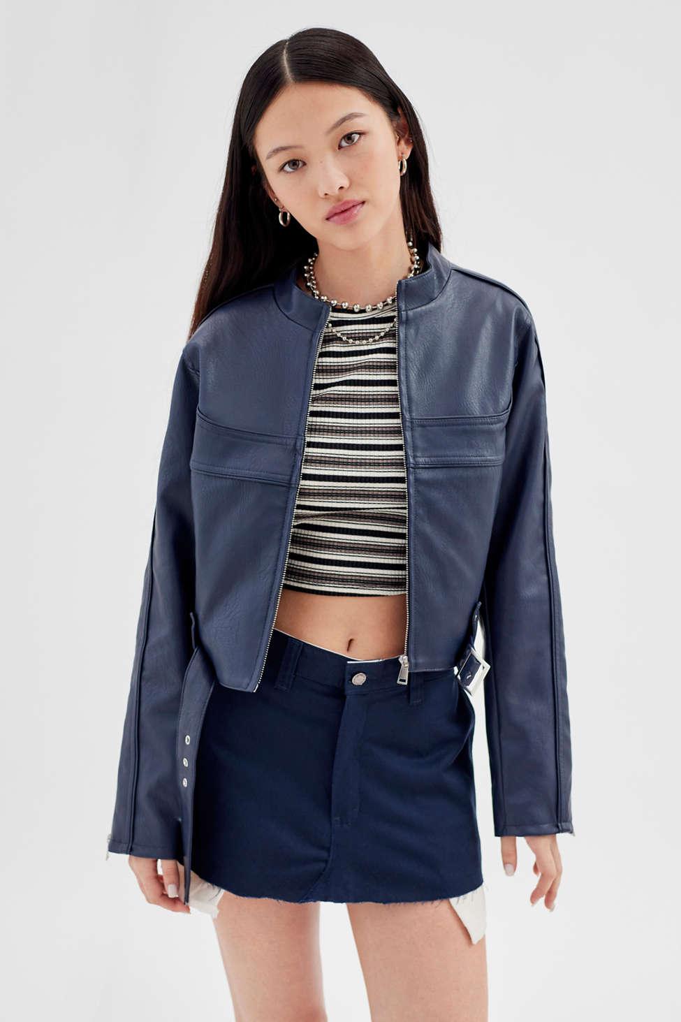 Urban Outfitters Uo Jordan Faux Leather Fitted Moto Jacket in Blue | Lyst