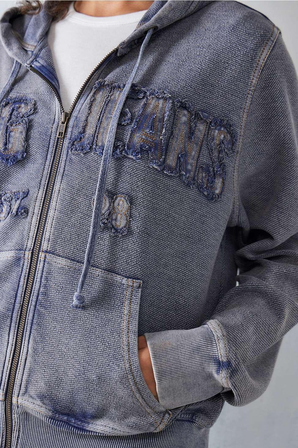 【LEE】DENIM APPLIQUE LOGO HOODED ZIP-UP BDG Distressed Applique Logo Zip-through Hoodie in Blue