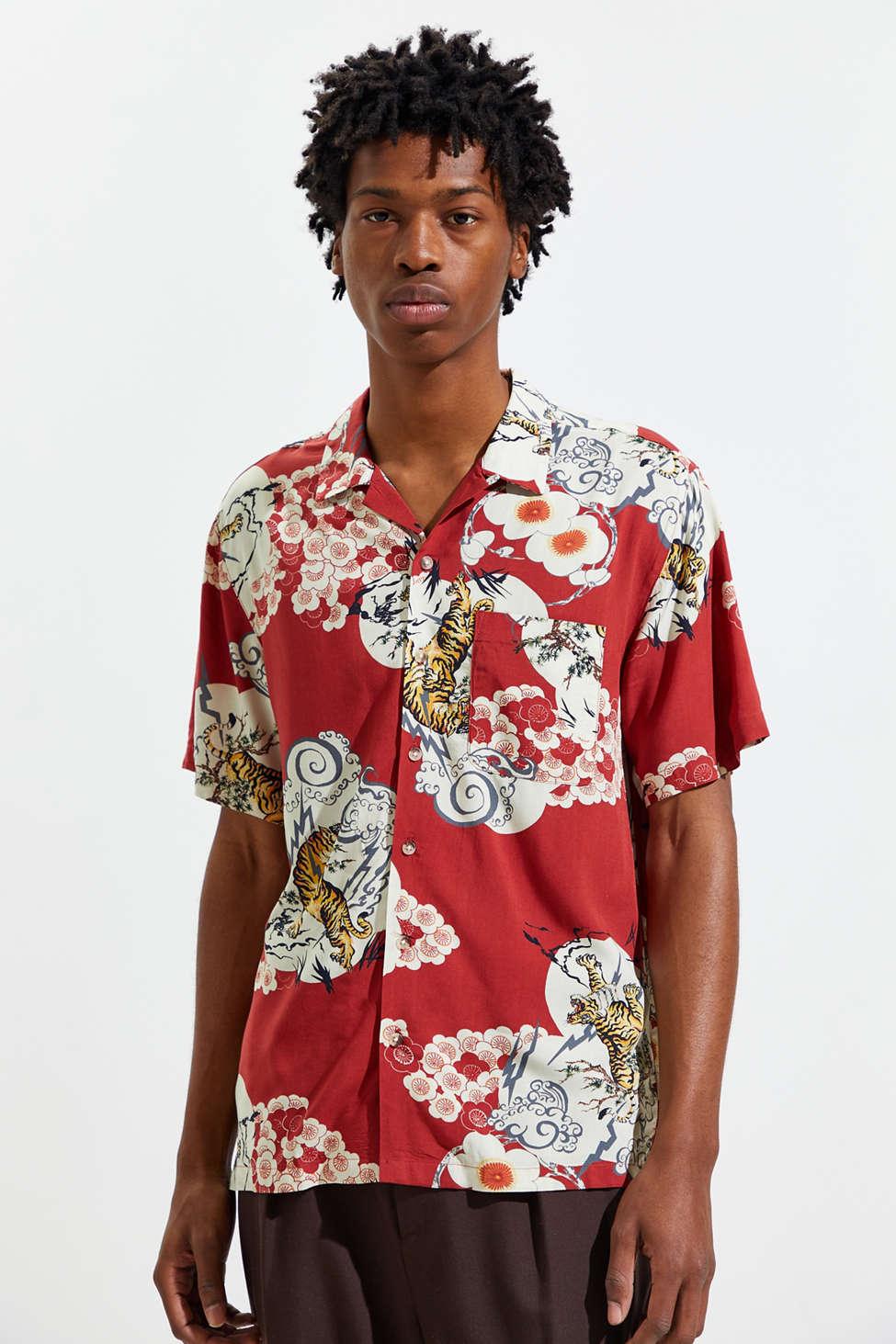 Urban Outfitters Uo Fierce Tigers Rayon Short Sleeve Button-down Shirt in  Red for Men