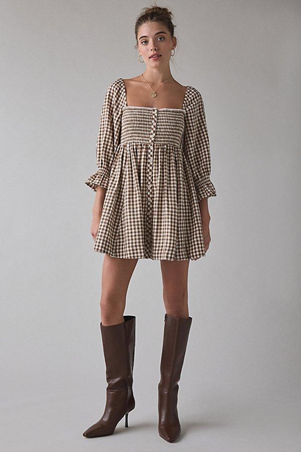 Kimchi Blue Cute As A Button Puff Sleeve Babydoll Mini Dress in Brown | Lyst