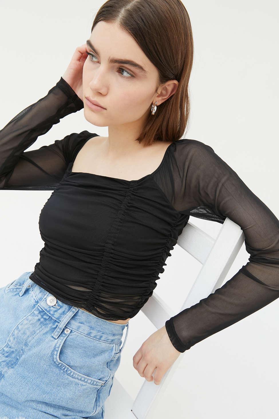 Urban Outfitters Uo Liana Mesh Long Sleeve Cropped Top in Black | Lyst ...