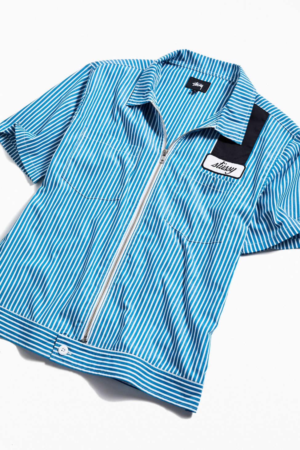Stussy Zip-up Short Sleeve Striped Work Shirt in Blue for Men | Lyst