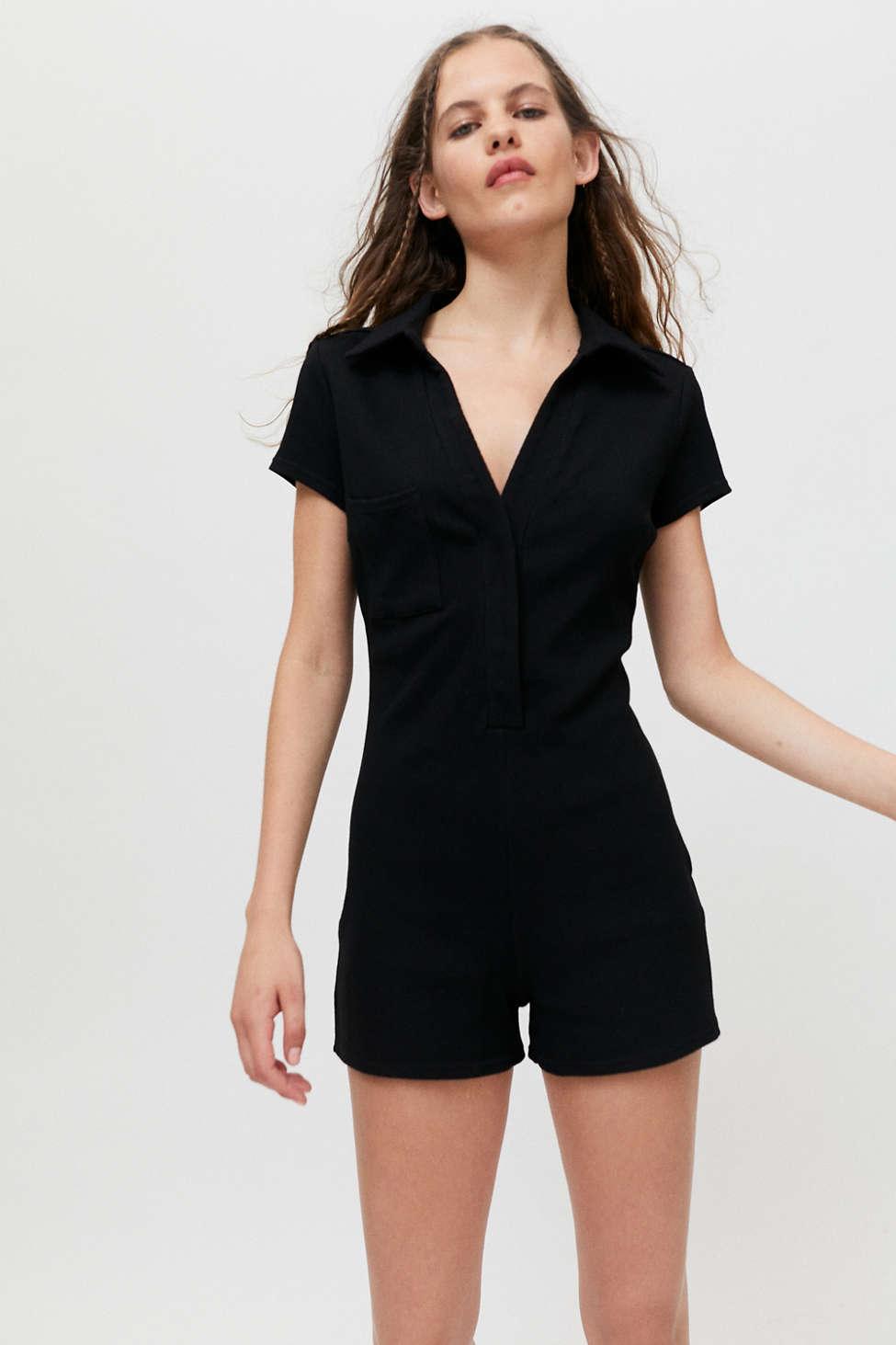 Urban Outfitters Uo Remi Ribbed Polo Romper in Black | Lyst