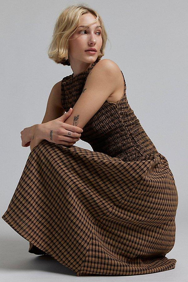 Daisy Street Shirred Plaid Drop Waist Midi Dress in Brown | Lyst