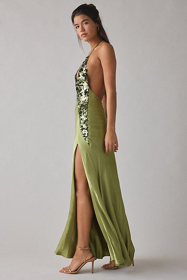 Bardot Yve Plunging Halter Sequin + Satin Slip Maxi Dress in Green | Lyst