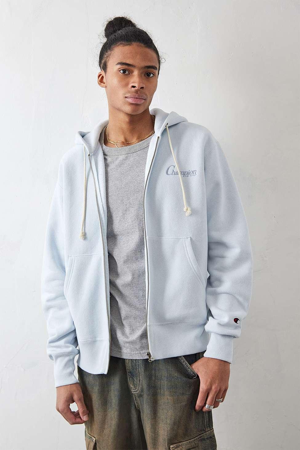 Champion Uo Exclusive Reverse Weave Light Blue Embroidered Zip-up Hoodie in  Grey for Men | Lyst UK