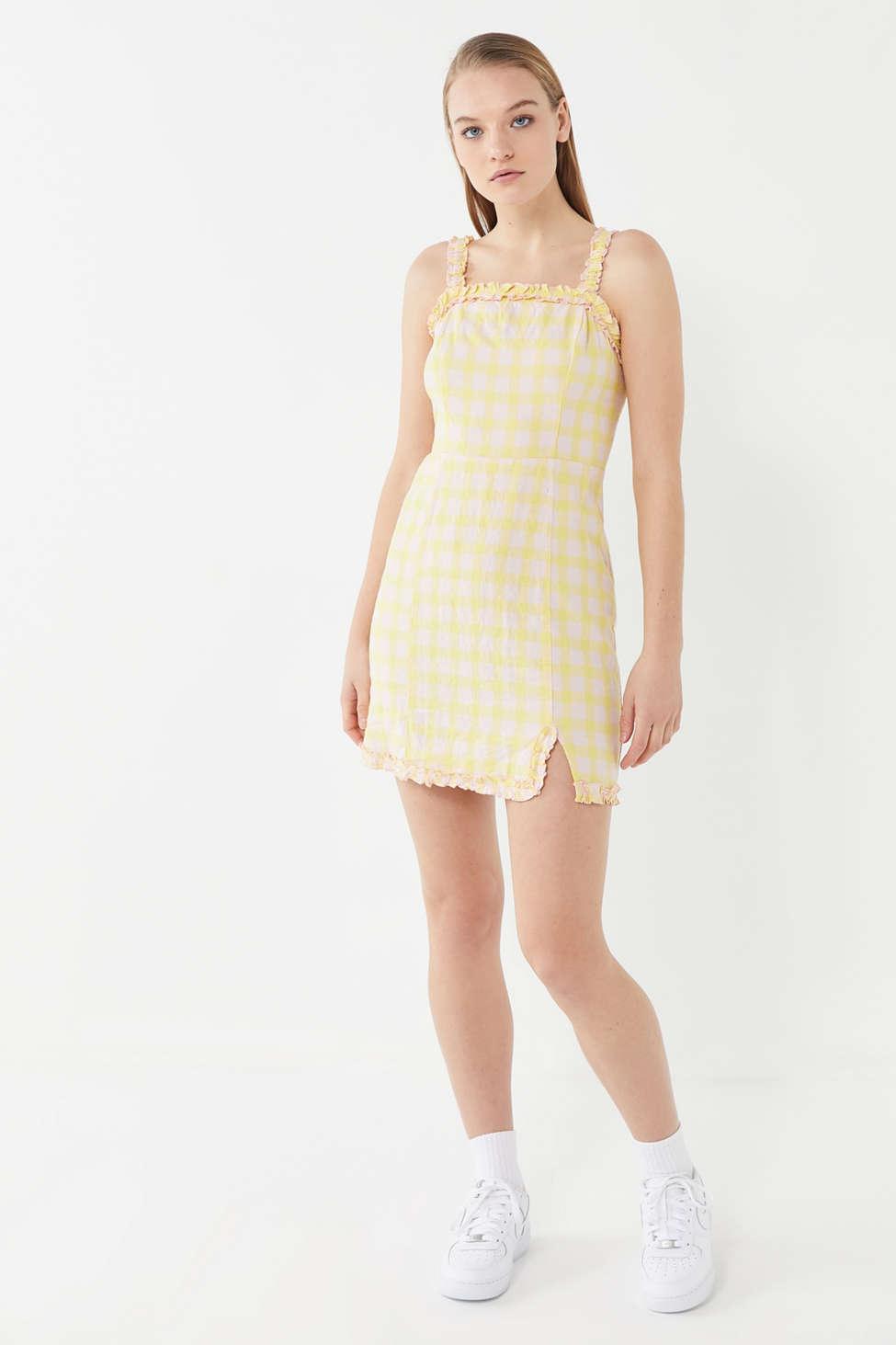 uo wren linen ruffle mini dress