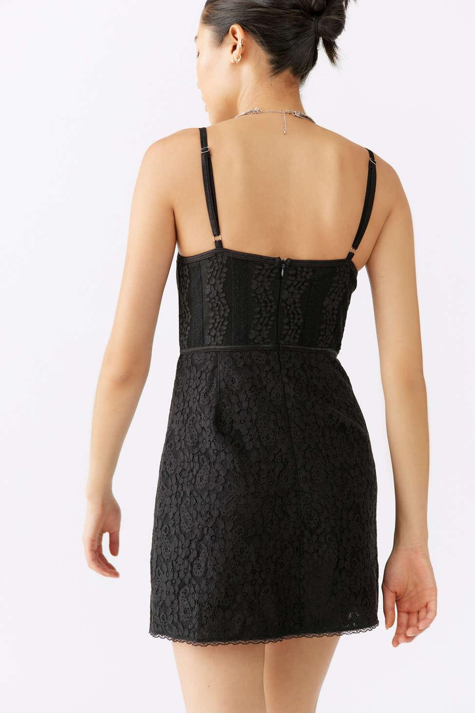 Lailah Lace Trim Open Back Mini Slip Dress in Black