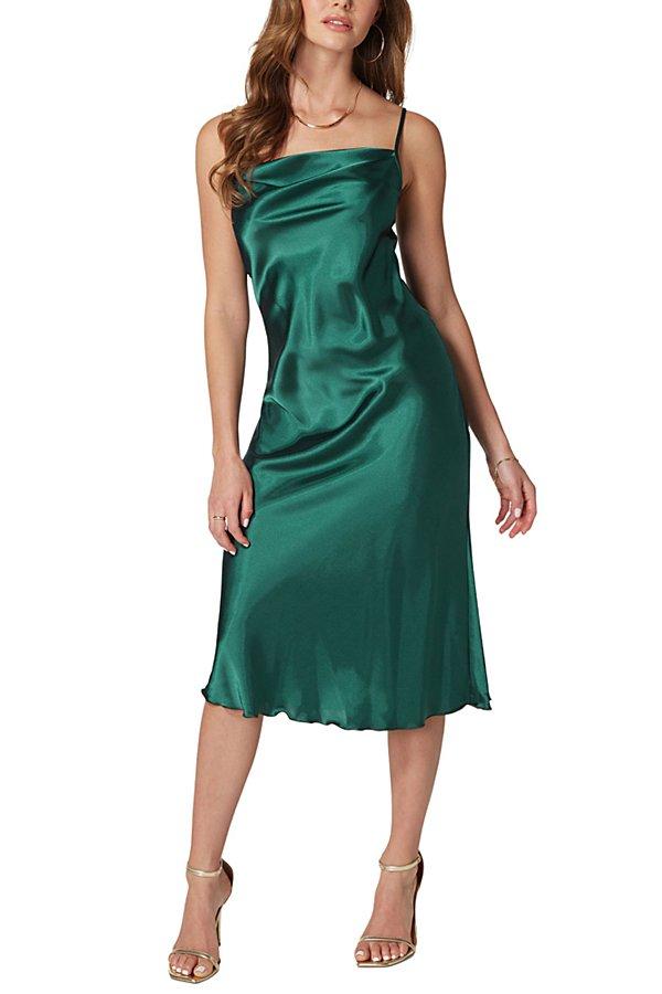 Bebe Satin Cowl Neck Midi Slip Dress in Green