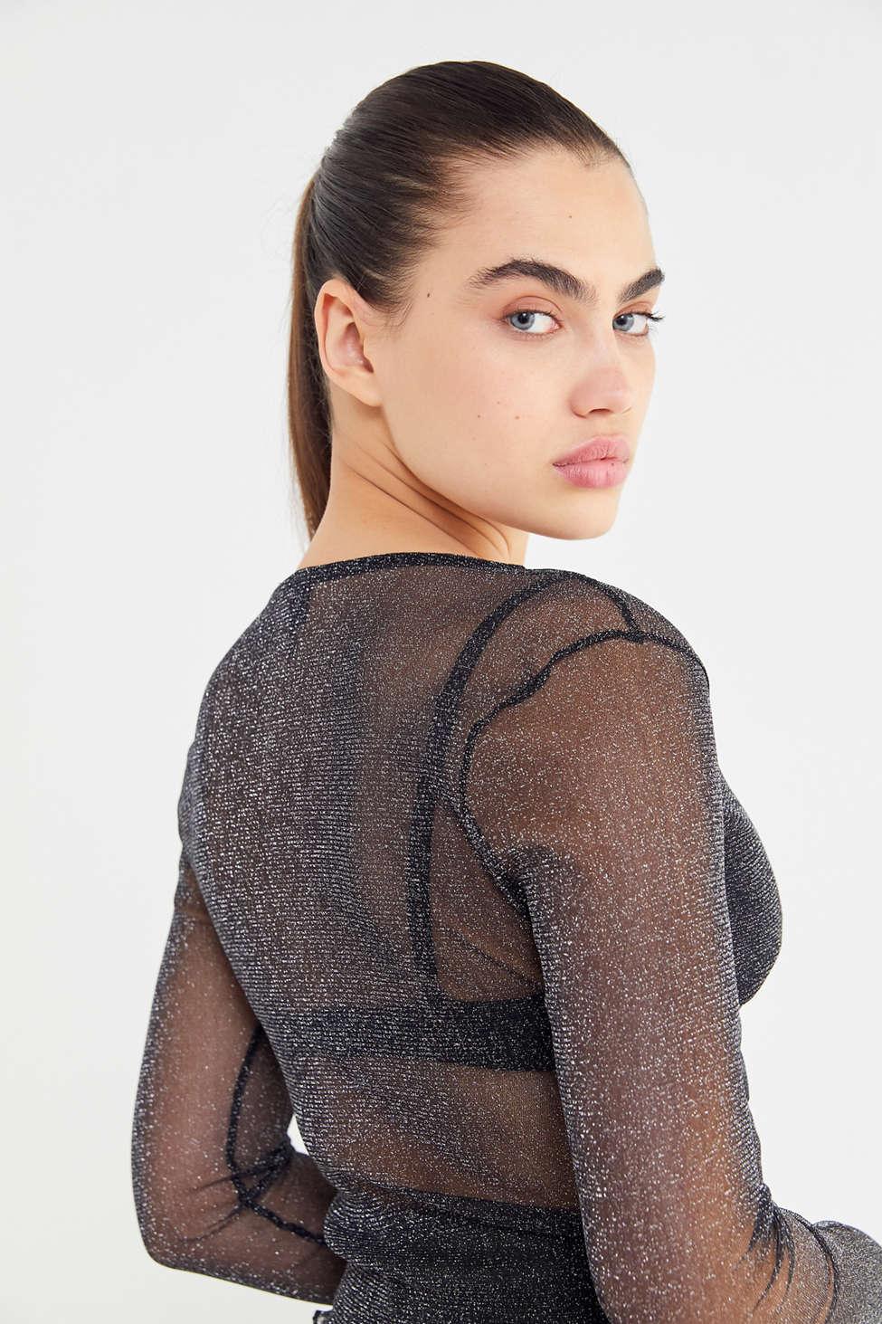Out From Under Sparkly Mesh Long Sleeve Top in Black | Lyst