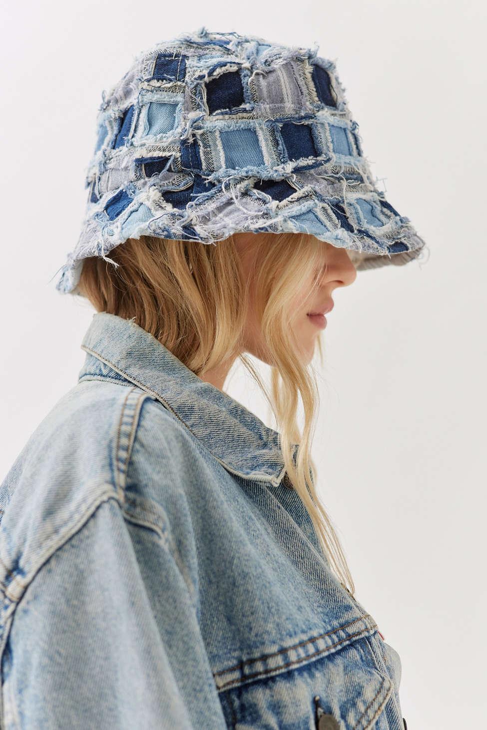 PATCHWORK DENIM BUCKET HAT - Blue