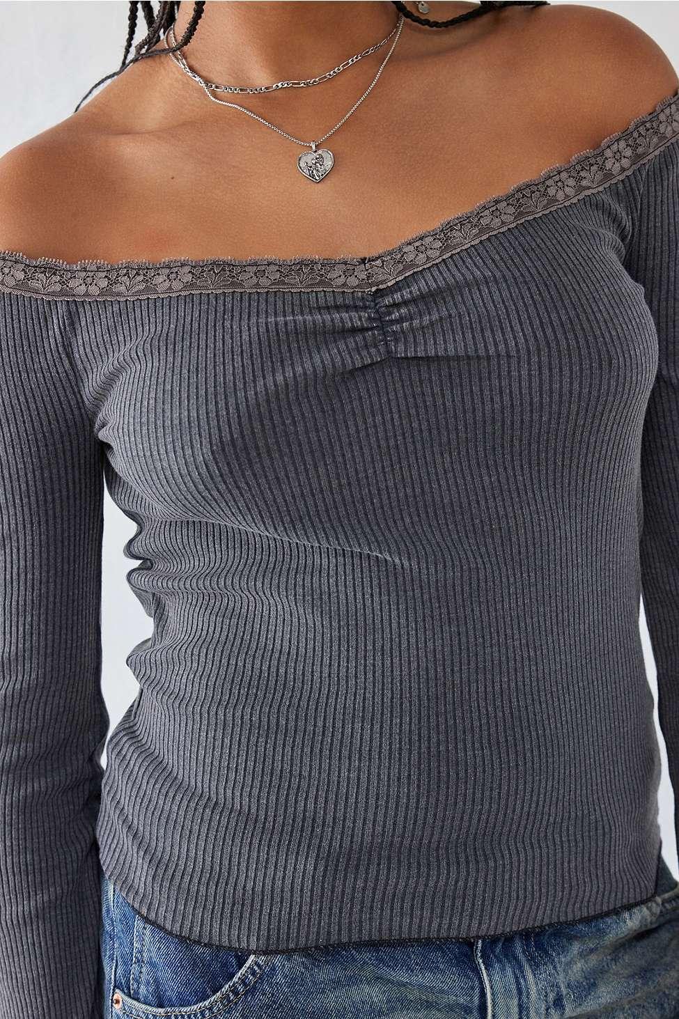 BDG Rhia Ribbed Off-the-shoulder Top in Grey | Lyst UK