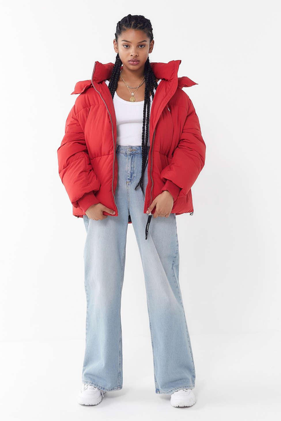 Tommy Hilfiger Denim Oversized Hooded Puffer Coat in Red - Lyst