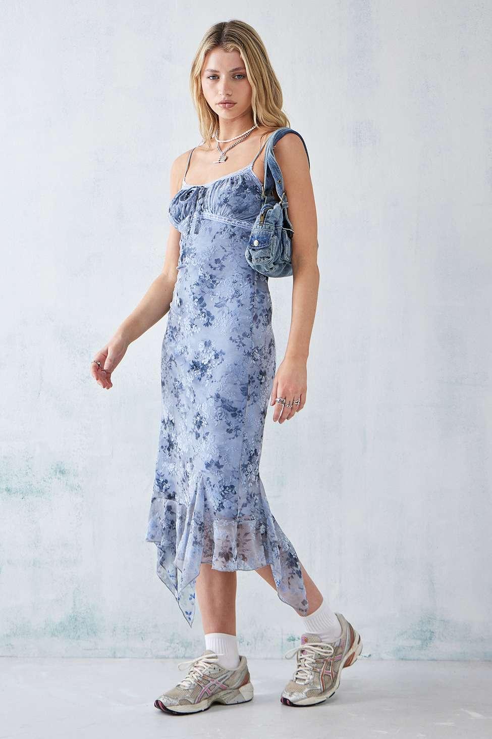 Urban Outfitters Uo Quartz Blue Floral Flocked Mesh Midi Dress