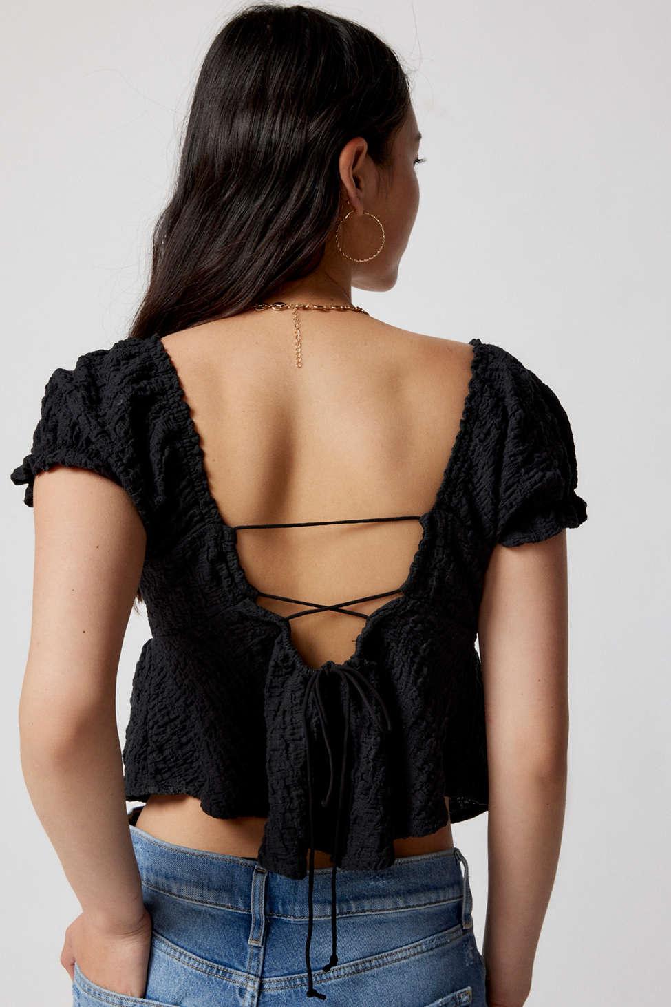 Urban Outfitters Uo Beverly Textured Lace-up Babydoll Blouse in Black | Lyst