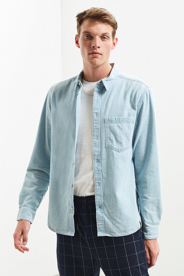 light blue denim button up shirt