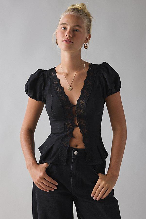 Kimchi Blue Aurelia Lace Trim Puff Sleeve Blouse in Black | Lyst