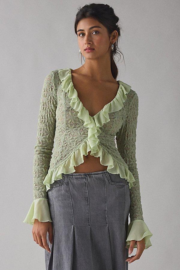 Kimchi Blue Libby Ruffle Trim Flyaway Lace Cardigan Top in Green