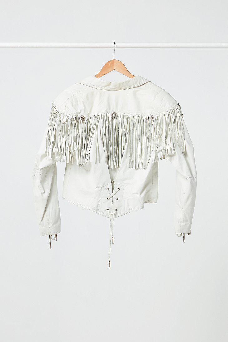 White Leather Fringe Jacket S