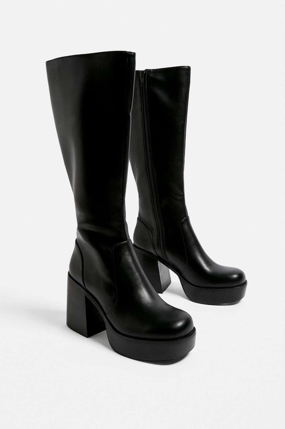 Urban Outfitters Uo Black Lea Knee-high Platform Boots | Lyst