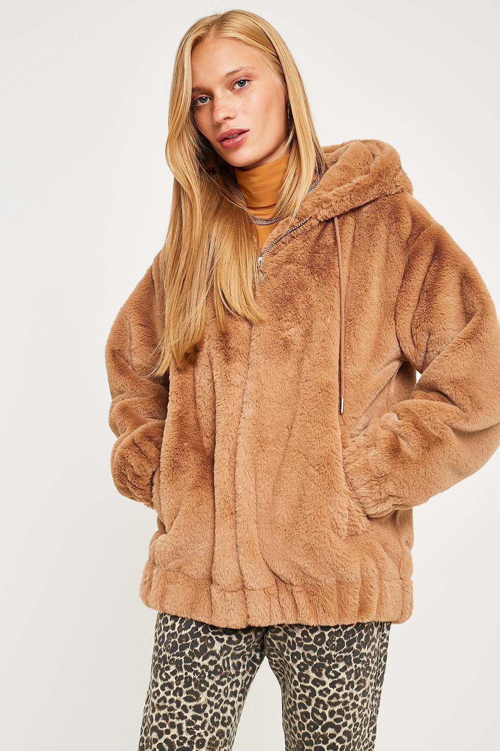 uo faux fur hooded bomber jacket