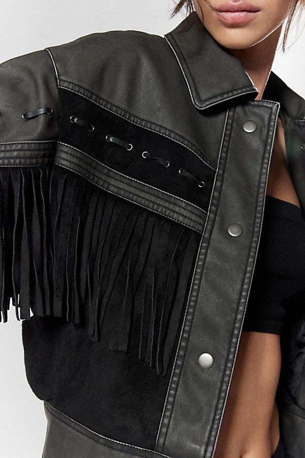 FRINGE FAUX LEATHER ジャケット Womens 80's L Chia Fringe Emboss Leather Black Fringe Moto