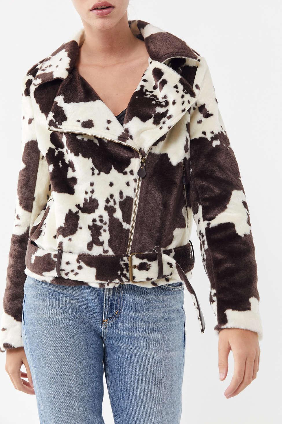 Urban Outfitters Uo Cow Print Faux Fur Moto Jacket Lyst
