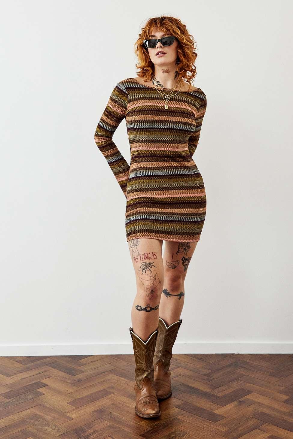 Urban Outfitters Knit Stripe Mini Dress in Brown