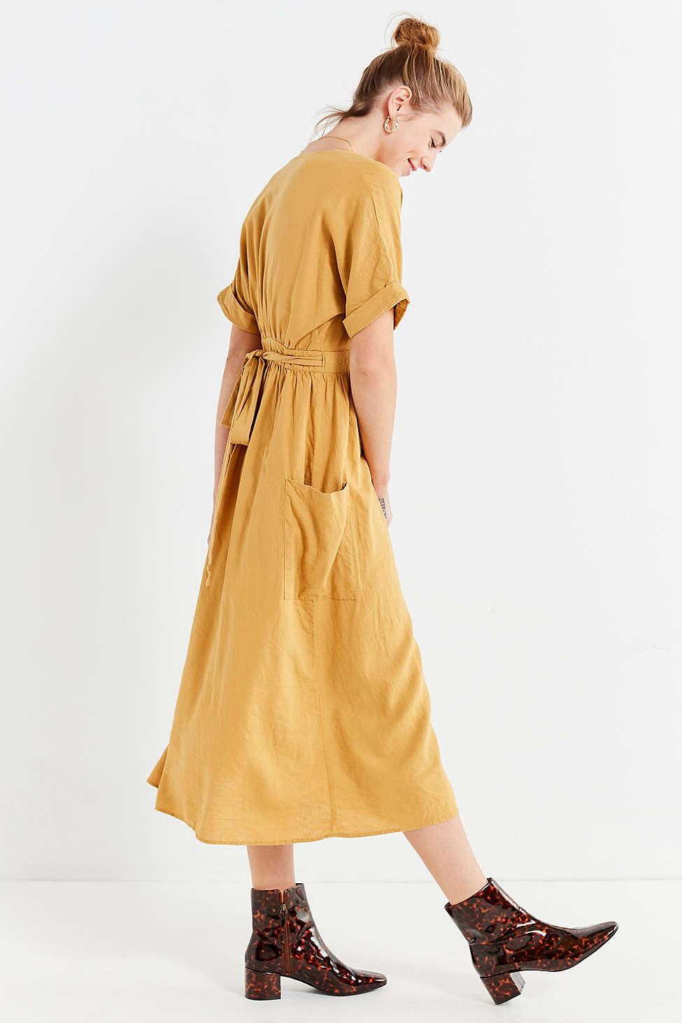 Urban Outfitters Uo Gabrielle Linen Midi Wrap Dress in Metallic | Lyst