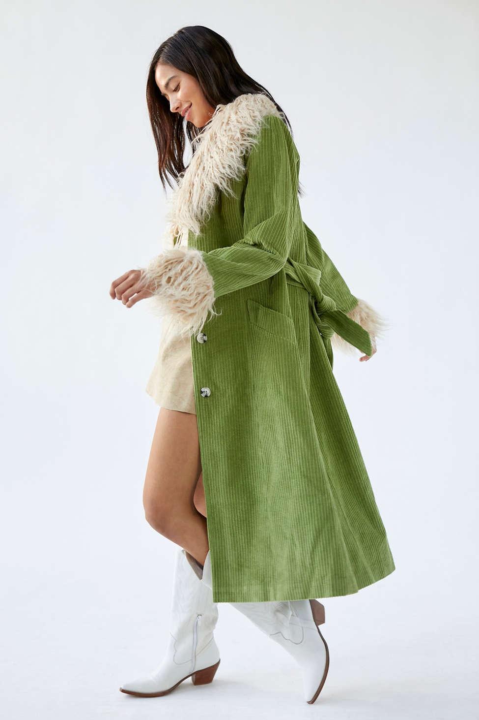 Urban Outfitters Uo Isabella Corduroy Faux Fur Trim Coat in White | Lyst