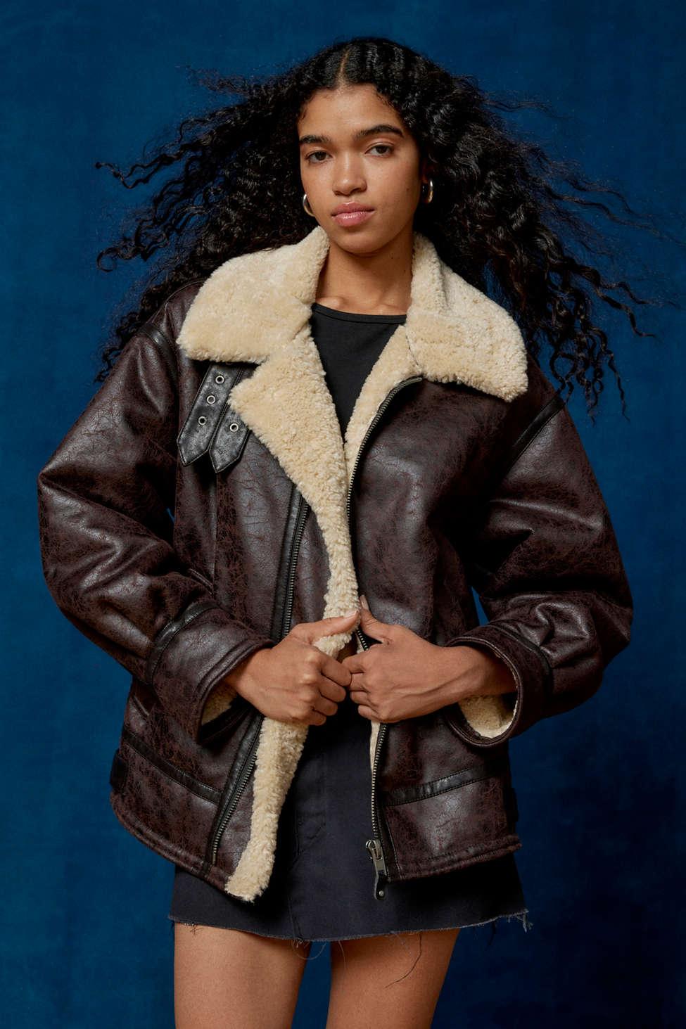 BDG Faux Leather & Faux Shearling Oversized Aviator Jacket in Blue | Lyst