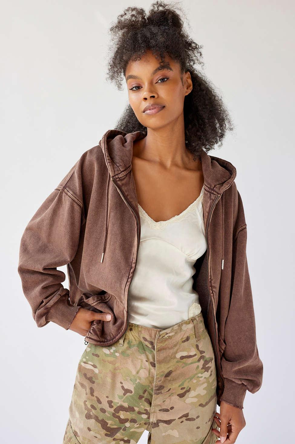 Cropped Zip-Up Hoodie - Brown