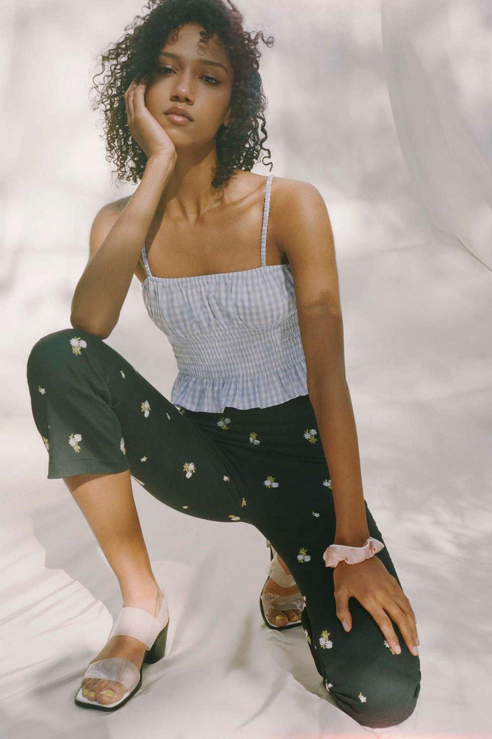 Uo Daisy Embroidered Kick Flare Pant 