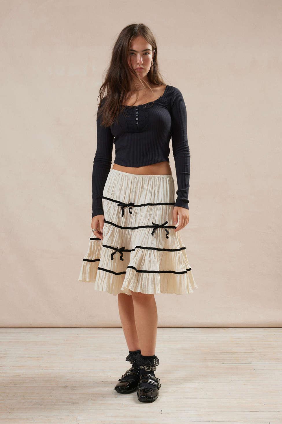 Kimchi Blue Lillian Tiered Bow Midi Skirt in Natural Lyst