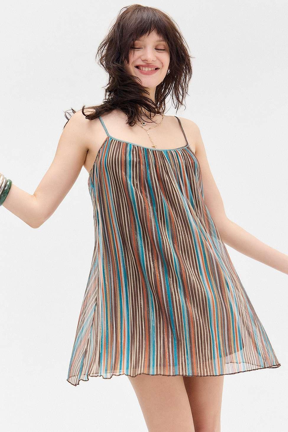 cheria mini dress in shimmer plisse blue brown Motel Cheria Shimmer Plisse Mini Dress M At Urban Outfitters