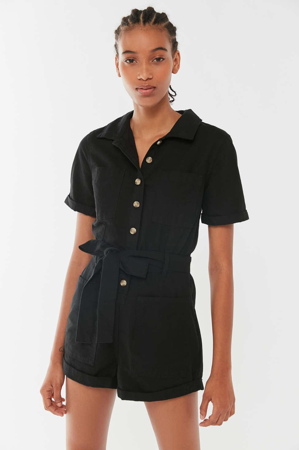 Urban Outfitters Uo Carmen Belted Button-front Romper in Black | Lyst