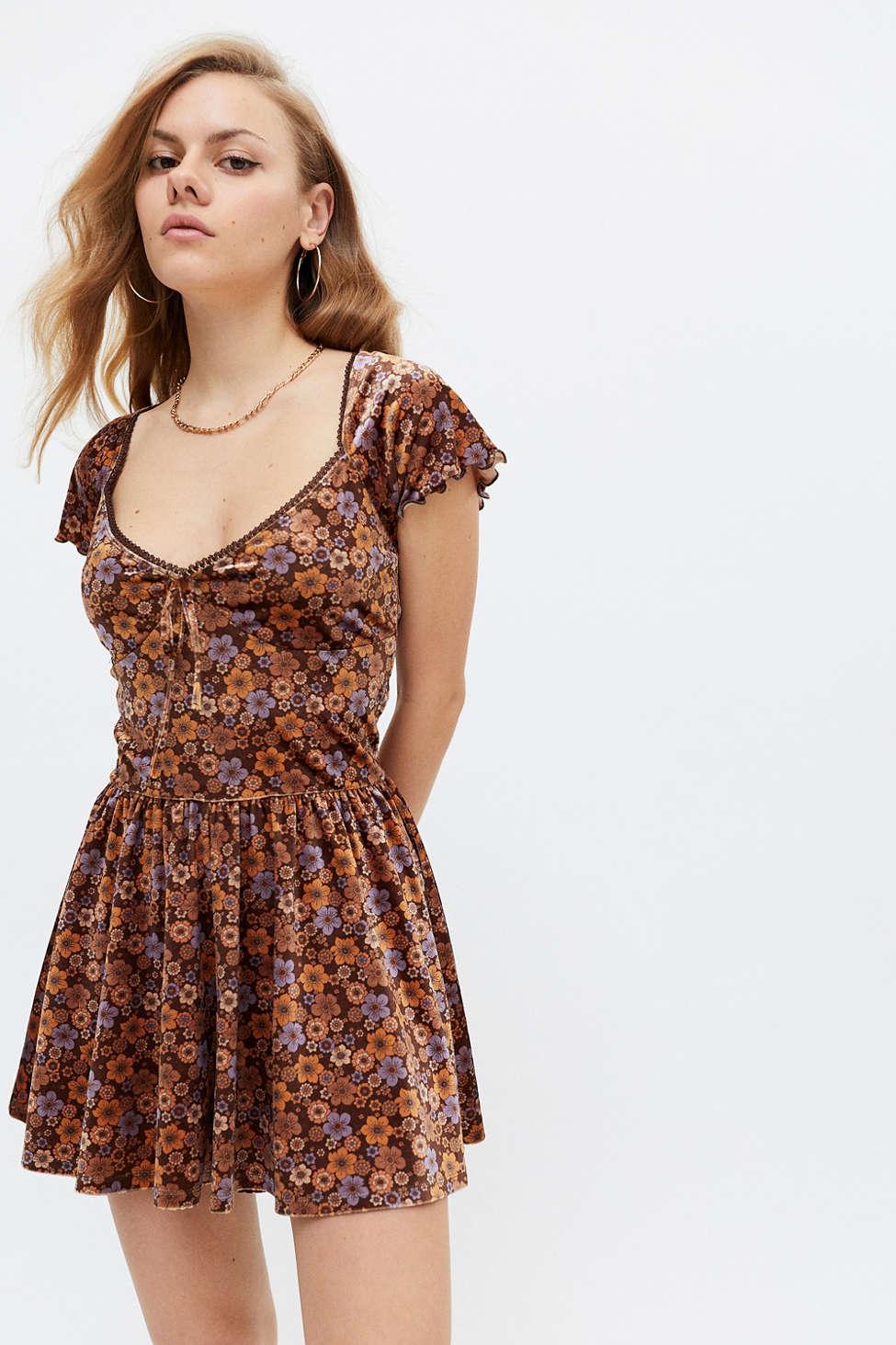 Urban Outfitters Uo Velvet Milly Romper in Brown | Lyst