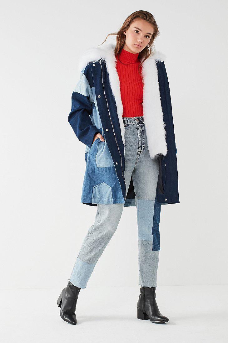 blue faux fur denim jacket